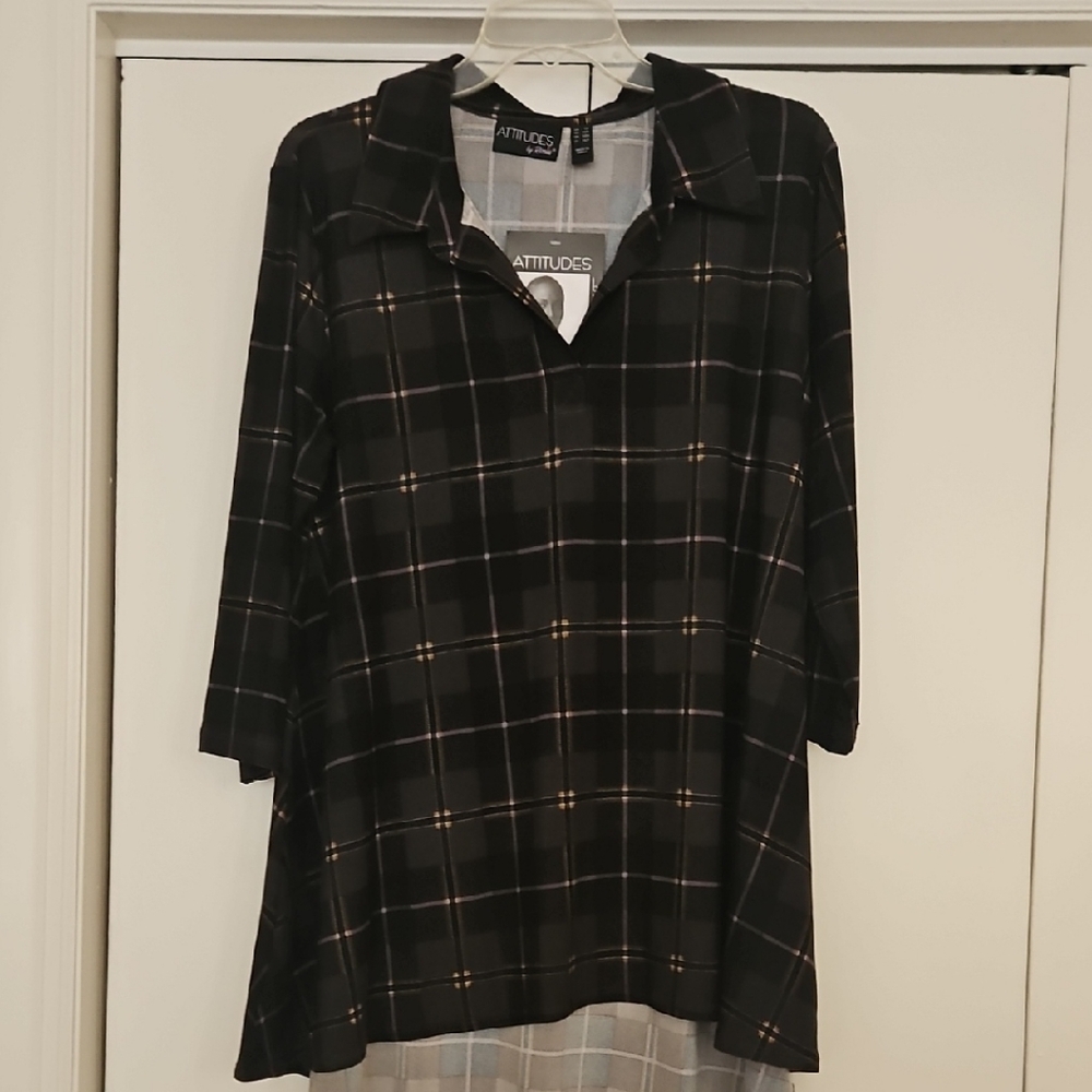 Attitudes by Renee Black Plaid Button Down Shirt